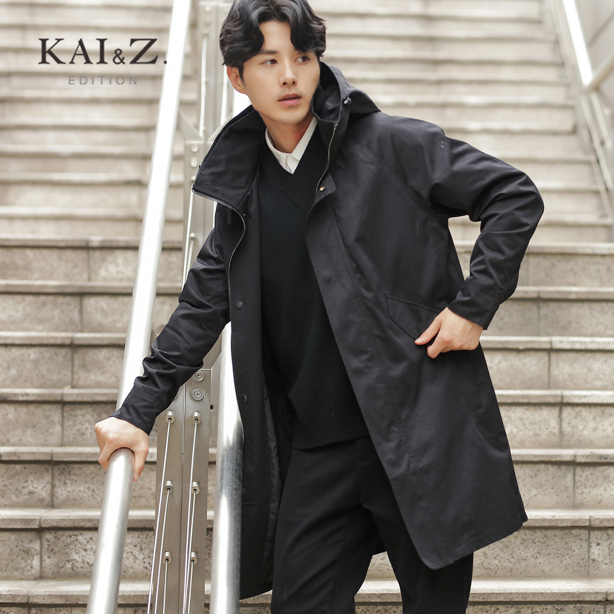 Men's windwear 2022 new Korean edition trend loose black hood coat coat male spring and autumn windwear long models
