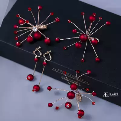 Golden diamond bride 2020 new Japanese and Korean red beaded edge clip headdress set wedding toast dress accessories female