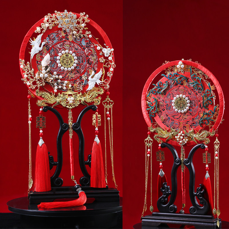 Bride's Tuan Fan Wedding Antique Chinese Xiuhe Embroidered Pearl Rhinestones Double-sided Hanfu Wedding Fan Xi Fan