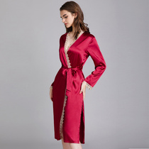 Red brides morning gown wedding ceremony dressing gown Long ice silk split nightie Womens pajamas Spring and autumn silk bathrobe