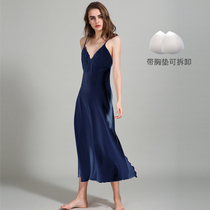 Sling night dress women summer sexy with breast pad long dress slim pajamas women thin ice silk sweet princess over the knee