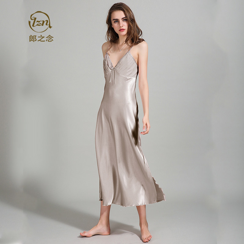Spinning harness sleeping dress Women summer Sexy long version Long dress V collar Sleepwear Woman Ice Silk Summer Large Size Open Fork