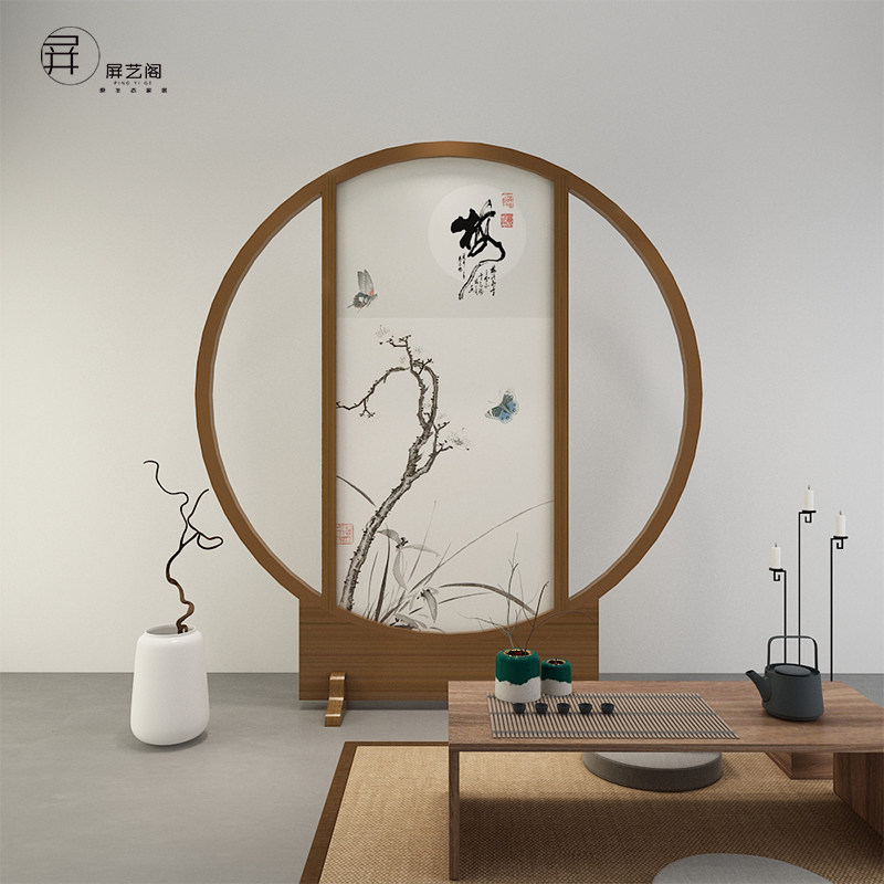 Chinese screen partition living room restaurant modern hotel study wooden hollow fabric mobile round screen seat screen