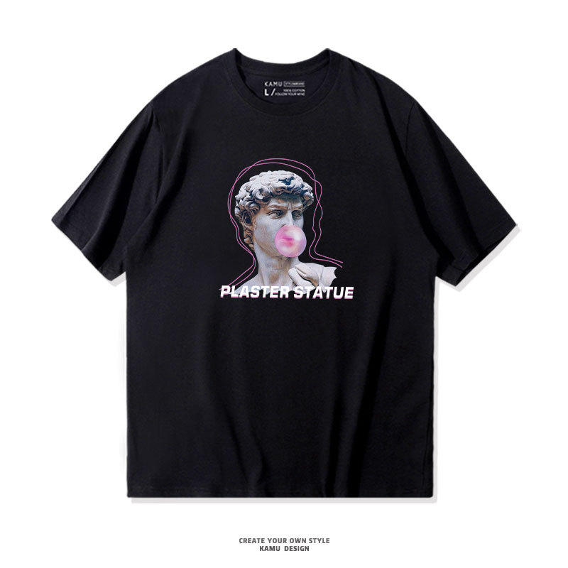 Creative Short-Sleeved T-Shirt for Men with David Sculpture Print, European and American Retro Trendy Brand, ins Pure Cotton Loose-Fitting Base Shirt