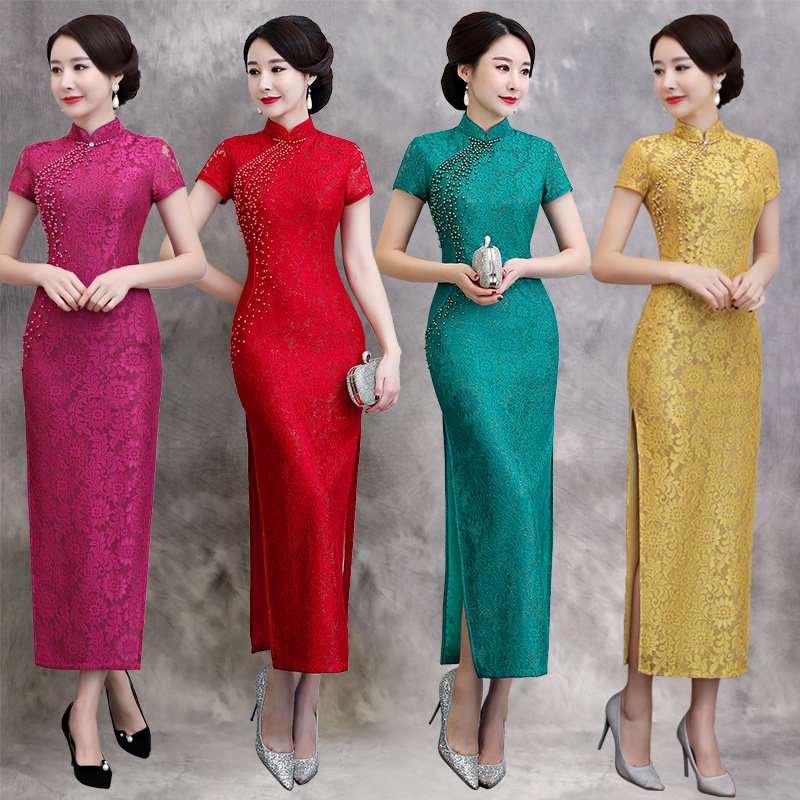 Long cheongsam spring summer 2021 new women dignified atmosphere modified vintage lace slim performance catwalk dress