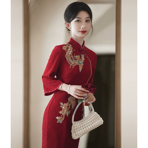 Красное ципао, вечернее платье, кружевное свадебное платье, китайский стиль, с вышивкой, крой «рыбий хвост»