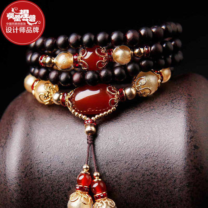 Phoenix Nirpan Handmaid's Sandalwood Hand Strings Multilayer Retro Crystal Agate Large Leaf Purple Sandalwood Jewelry Handmade