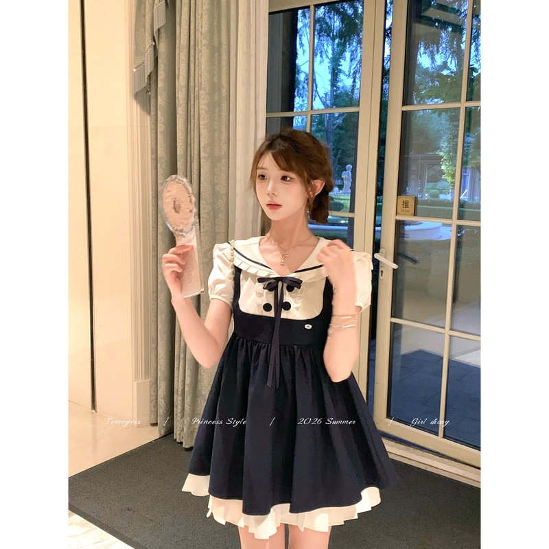 Tomoyois British Vintage Navy Blue Military Collar Short-Sleeve Dress Pleated Slip Dress Short Skirt