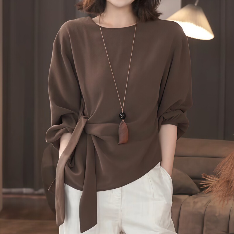 Lazy Style Fashionable Tie Design Long-Sleeved T-Shirt for Women, New Spring and Summer Style, Light Luxury, Loose, Slimming and Versatile Top