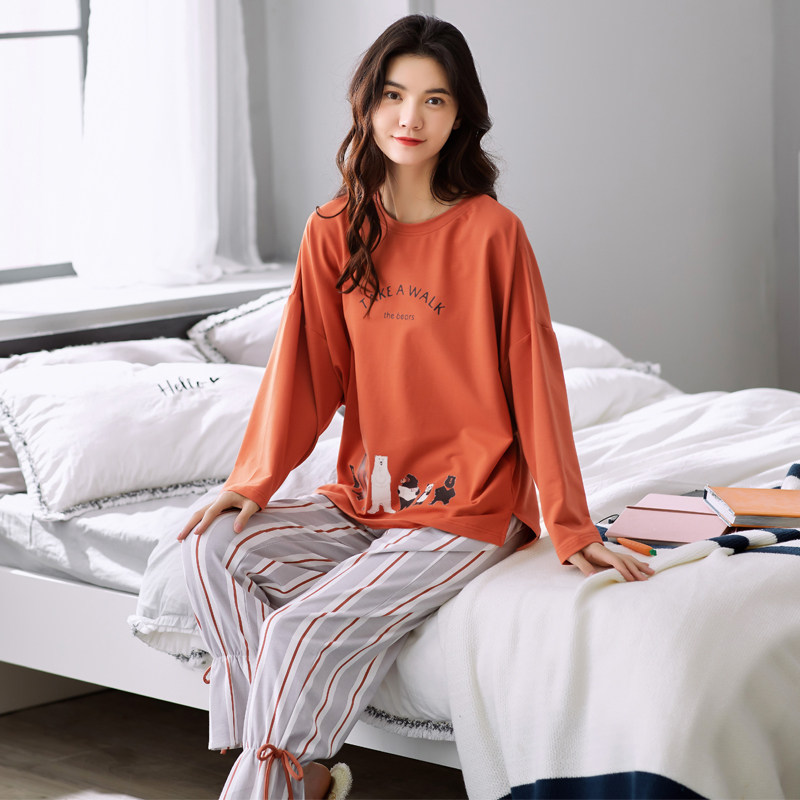Ms. Pajamas Spring and Autumn Cotton long sleeved autumn and winter all cotton Korean Edition cute students can wear home suit