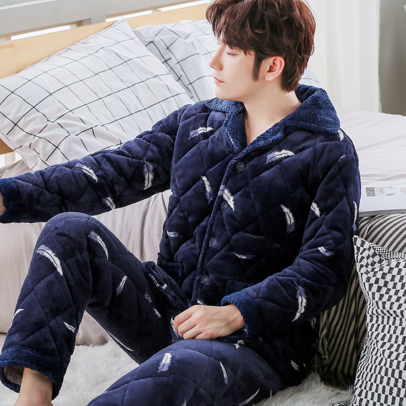 Winter Coral Velvet Men Closed Cotton Pajamas Thickened and Fall and Winter Flag Household Clothes Warm Set