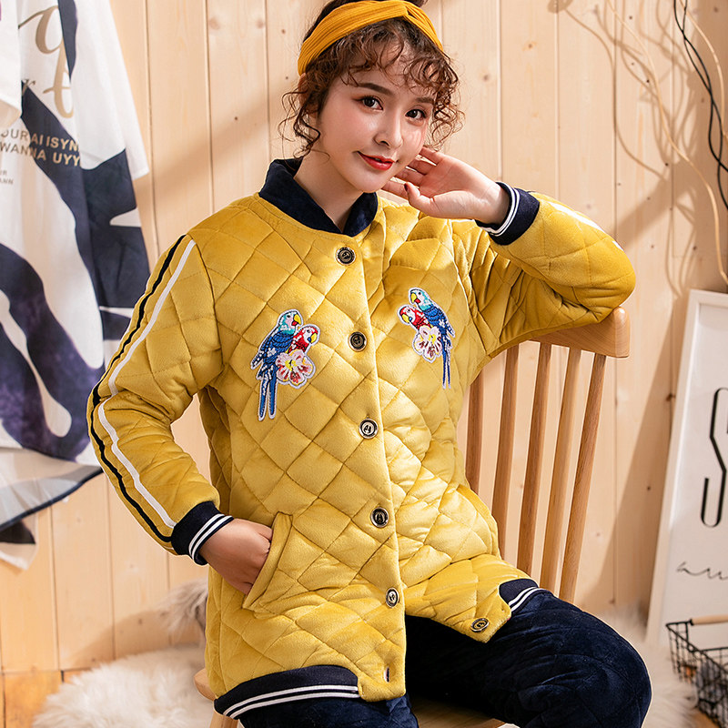 Pajamas ladies winter three layers of thickened velvet cotton coral velvet flannel warm lovely autumn and winter home clothes