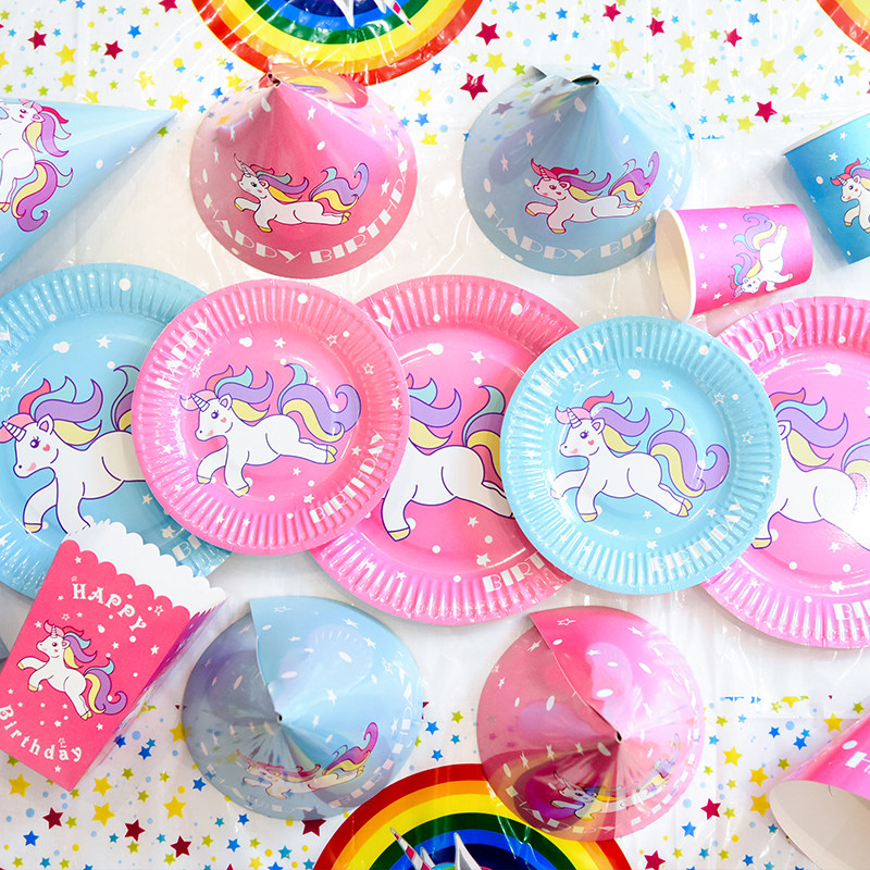 Unicorn theme Children's birthday decoration Disposable tableware Party supplies Cups and plates Picnic supplies