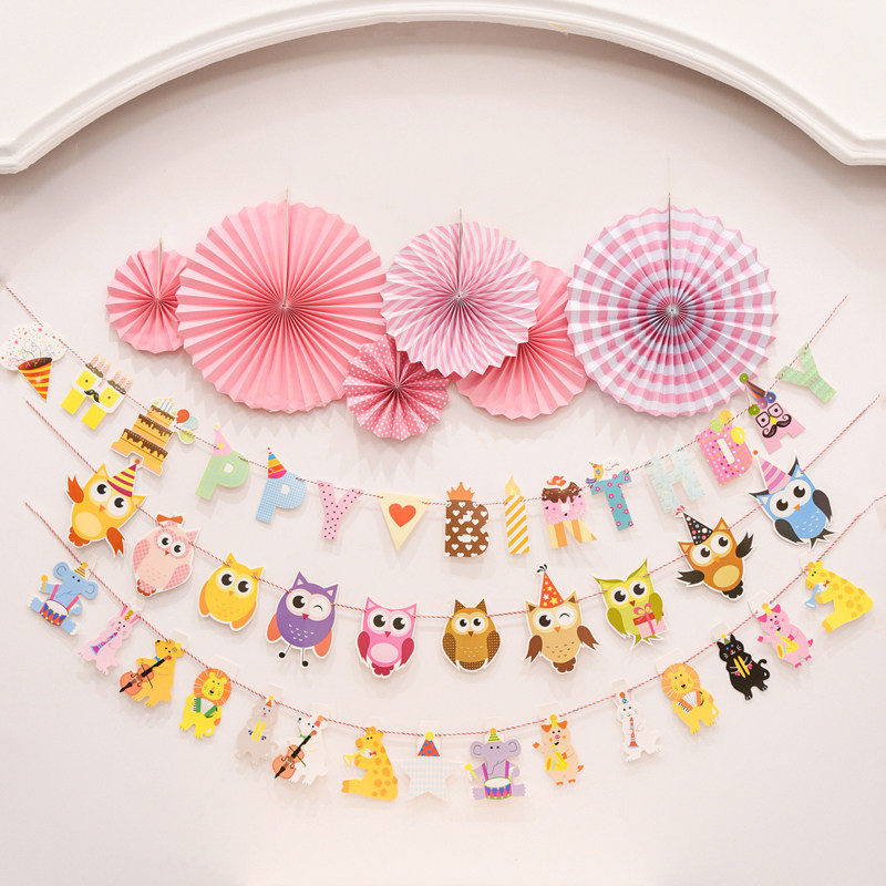 Baby birthday party props decoration decoration Mr. Beard cartoon owl hanging flag dress up supplies pull flower