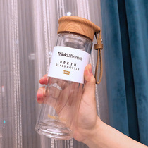Thickened double-layer glass wood grain lid creative portable male Lady simple tea filter high temperature resistant water Cup