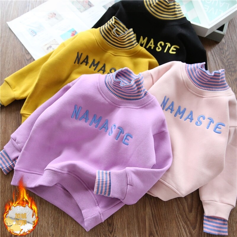 2020 three-layer clip cotton girl high collar thick cotton T gush thickened autumn winter style baby warm cover head fake two blouses