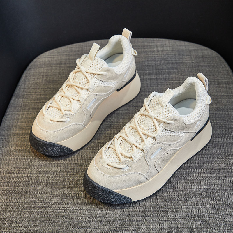 WUXIE retro frosted ~ genuine leather old daddy female tide breathable mesh face thick bottom casual shoes-Taobao