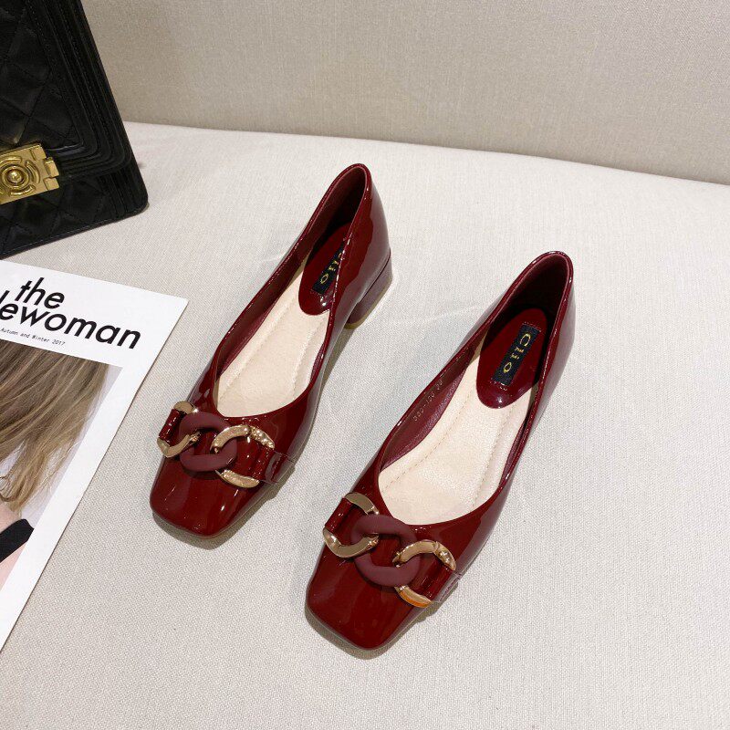 (WUXIE) My hysteria leather buckle bean-bean coarse heel and shallow mouth single four working shoes