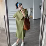 Очень большая зеленая цветная длинная футболка, платье для отдыха, длинная юбка, большой размер, воротник поло, короткий рукав