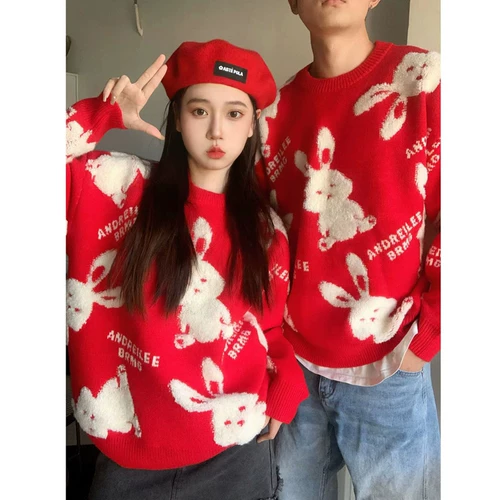 Очень большой красный оберег на день рождения, демисезонный свитер, праздничнная трикотажная парная одежда для влюбленных, большой размер, год кролика