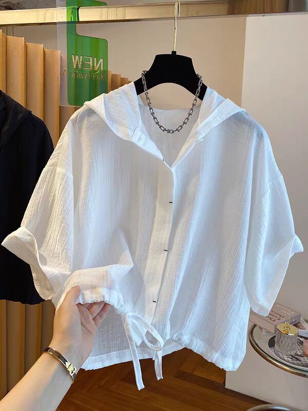 Extra Large Size 150kg High-End Retro Hooded Short-Sleeved Shirt Loose Solid Color Casual Hem Drawstring Top Summer
