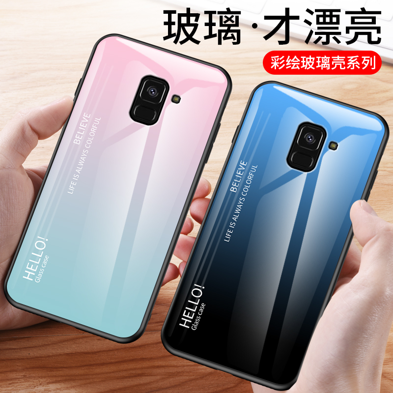 Suitable for Samsung 2018 Version A8+ Phone Case, Galaxy A8Plus Gradient Glass Case Sm-A800J Full Edge Coverage A800S Silicone Soft A8Plus2018 Protective Case A8P Trendy Brand Personality