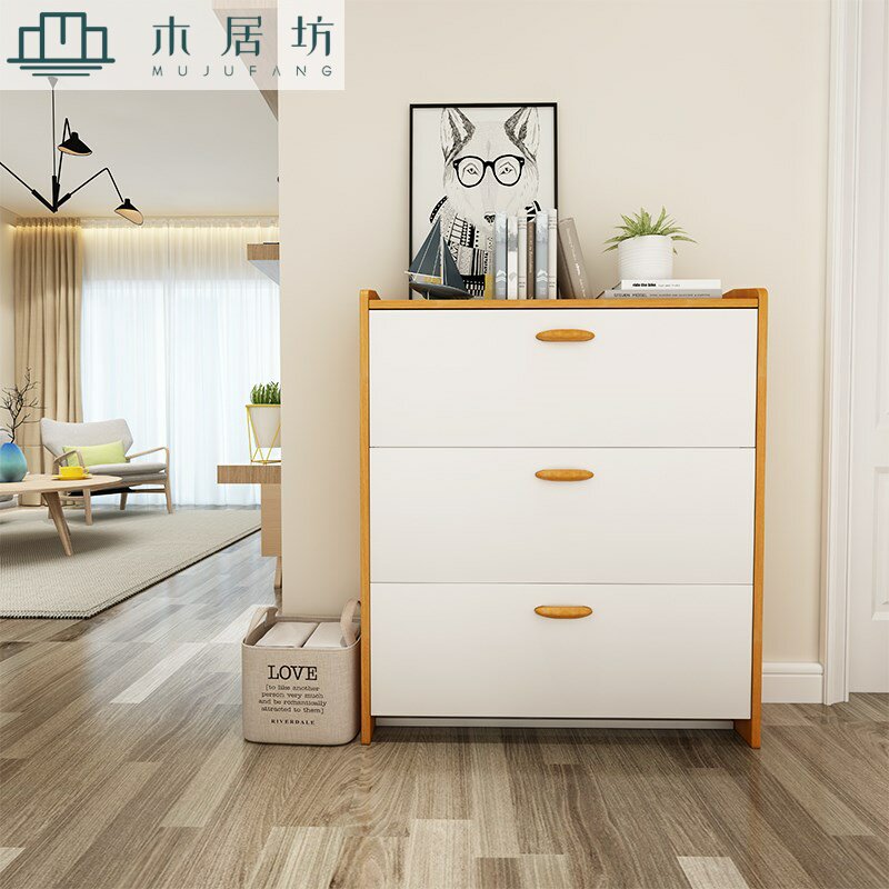 Door dump bucket solid wood color shoe cabinet Simple household ultra-thin entrance storage Simple modern entrance hall shoe rack Economical