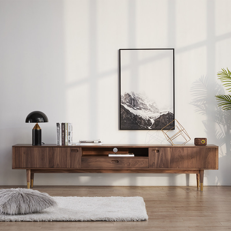 Black walnut TV cabinet Nordic modern minimalist solid wood audio-visual light luxury living room storage storage short side several machines against the wall