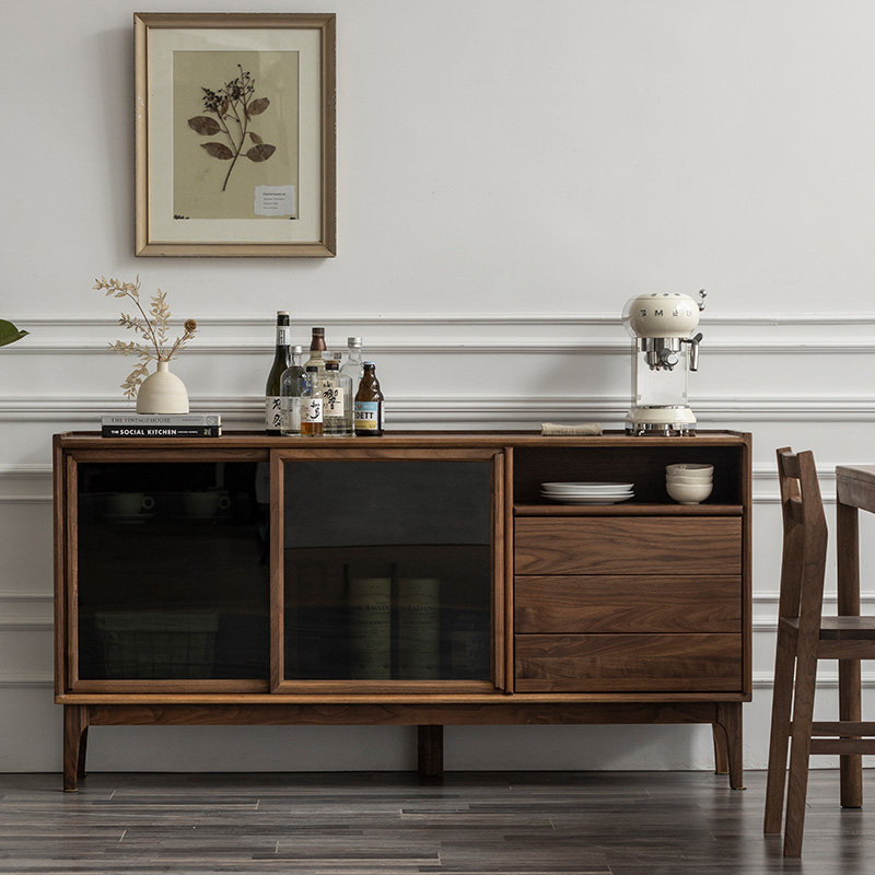Black walnut solid wood sideboard storage wine tea storage home dining room modern minimalist living room with drawer glass
