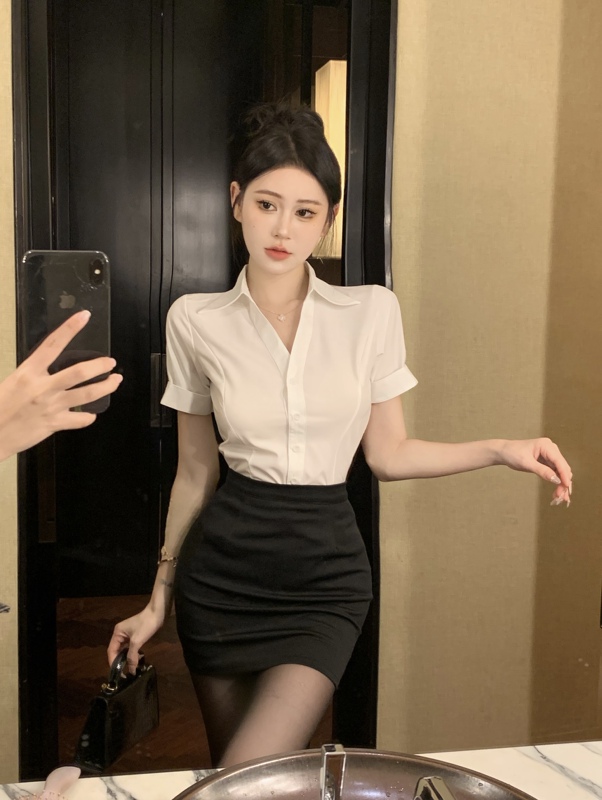 Hotel Stewardess Uniform Sexy Deep V-Neck Belly-Covering Slimming Short-Sleeved Shirt Set New Simple Foot Massage Technician Work Clothes