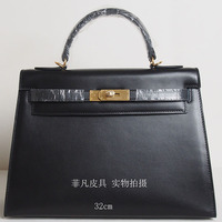 Autumn and winter handheld shoulder bag women's bag Kelly bag 25 28 32Ke11y plain BOX leather outer seam cowhide genuine leather bag