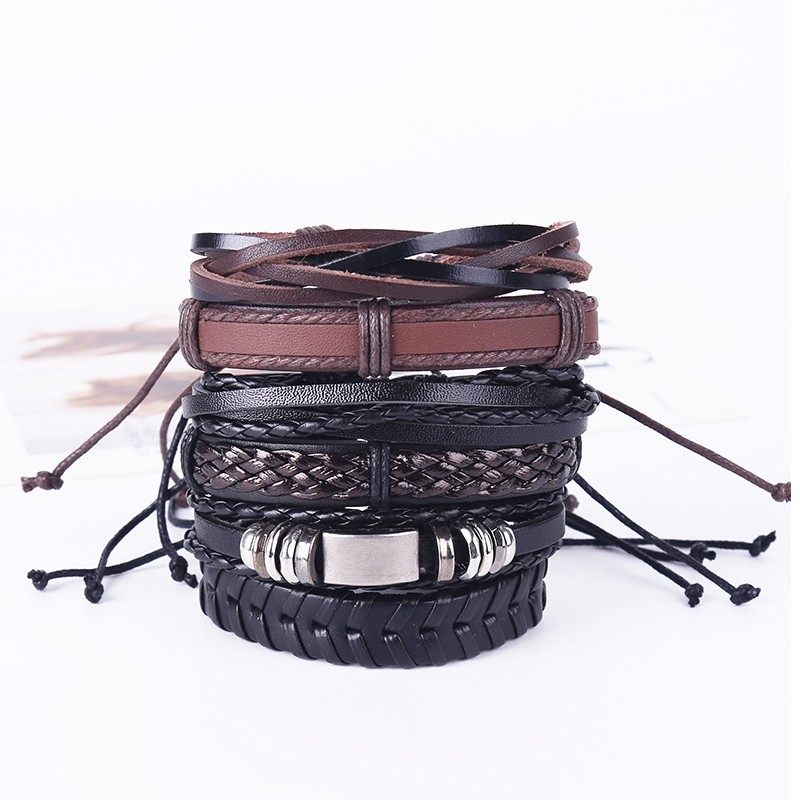 2021 fashion men cool European and American simple fashion woven leather hand chain hand rope hand chain multi-layer suit bracelet