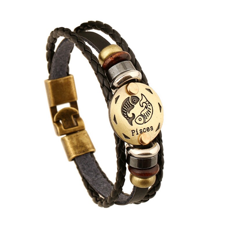2021 fashion trend Hip-hop European and American hip-hop twelve constellations woven bracelet leather men's bracelet jewelry