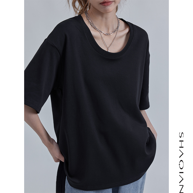 2026 Summer Black Large Neckline T-Shirt for Women, Short Sleeve, Spring and Autumn, Loose Fit, Large Round Neck, Low Neck, Half Sleeve, Base Layer, U-Neck Top