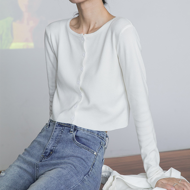 Shaqian bm style loose solid color short long-sleeved knitted cardigan women's spring and autumn thin section gentle blue crop top