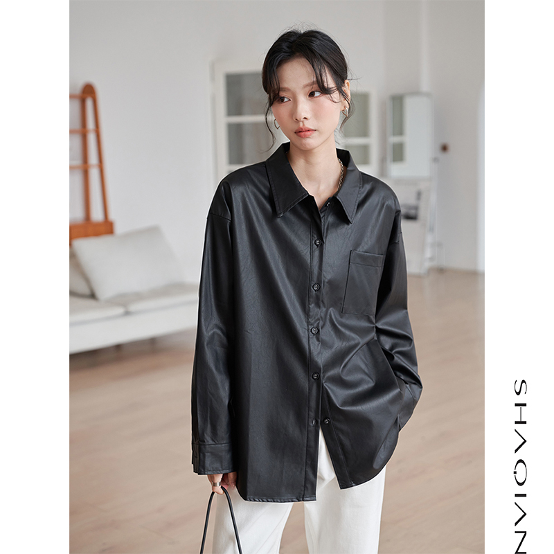 Pu Black Leather Shirt for Women 2026 Spring New Korean Style Loose Casual Leather Jacket Cardigan Shirt Coat