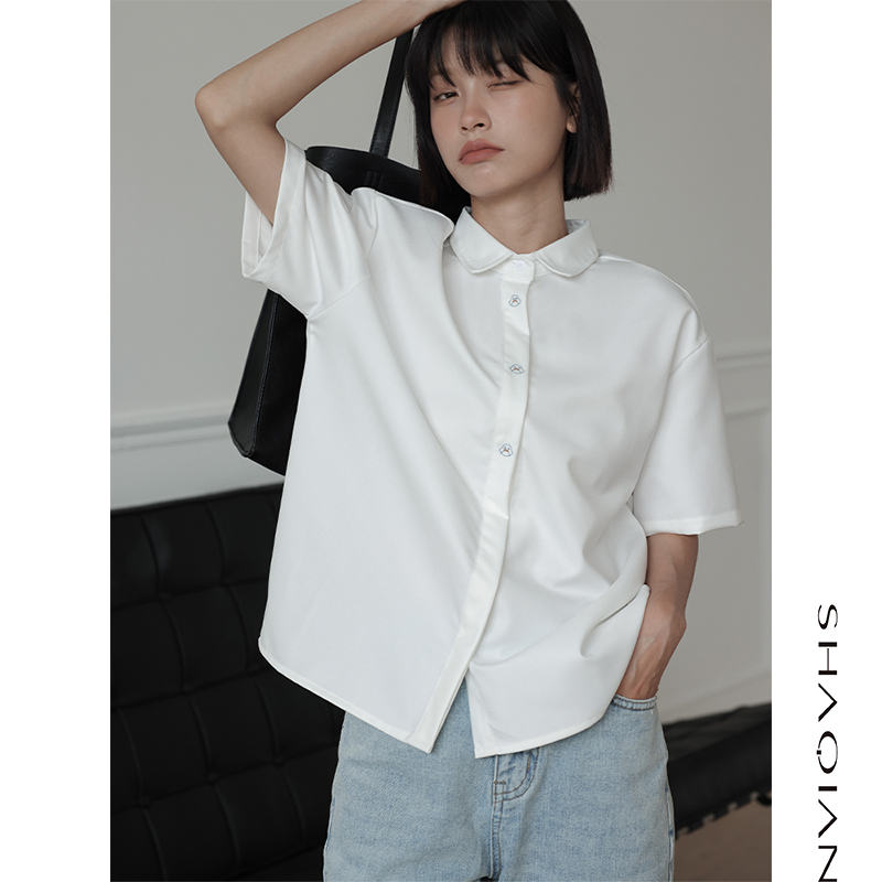 2022 summer new Korean version white shirt women's short-sleeved loose and thin all-match cartoon penguin button impervious shirt