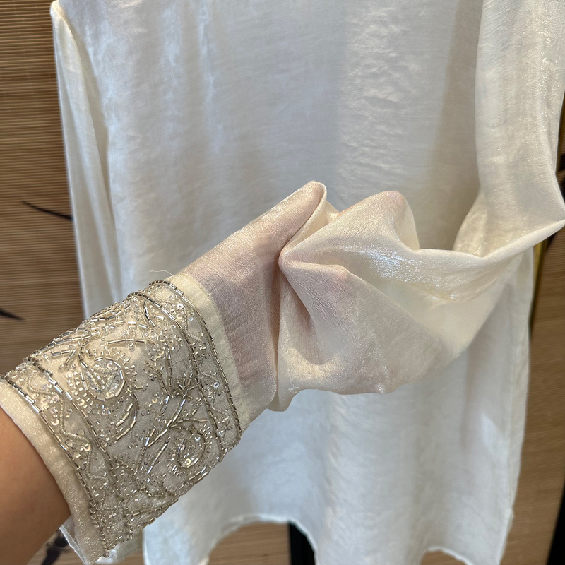 2026 Chinese-Style Sparkling Tencel Bead Embroidery Pullover Top, New Chinese-Style Beaded Embroidery Inner Long-Sleeve Shirt