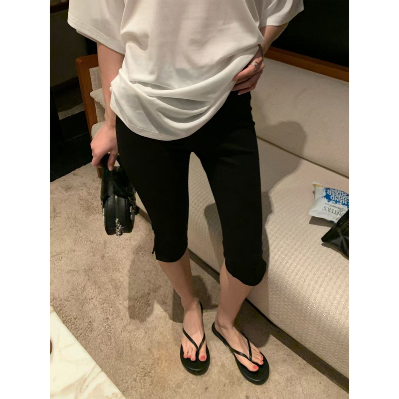 Bonheur Black Six-Point Pants for Women, Summer Thin Elastic Side-Slit Yoga Leggings, Casual Capri Pants