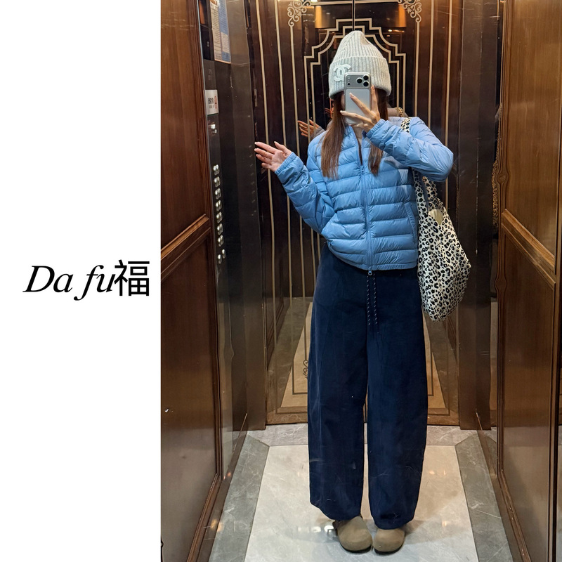 [Dafu]-Retro Casual Corduroy Elastic Waist Drawstring Curved Hem Pants Loose Slimming Versatile Casual Pants