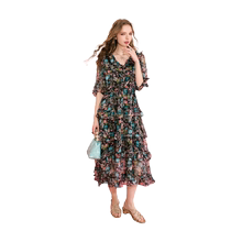 Fairys Mouth French V-neck Floral Dress Womens 2024 Spring and Summer New Temperament Waist Slimming Vacation Skirt