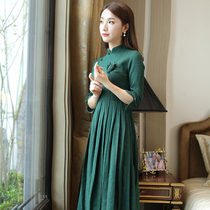 Cheongsam modified version of dress new French dress fashion celebrity lady wear cotton linen skirt