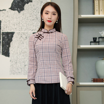 Plaid Tang female Chinese style buckle cheongsam jacket long sleeve improvement Hanfu Zen literary tea clothing Chinese clothing