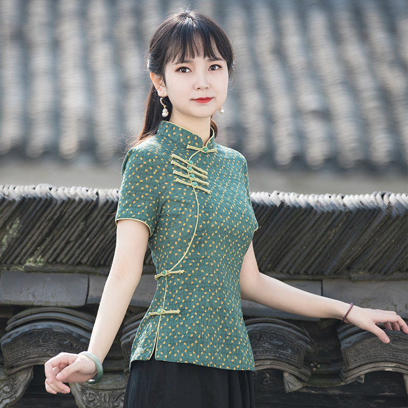 Chinese style in the Tang Costume Woman's young Sui-style tea suit Chinese style disc buckle Improved body-style Qipao Blouse Blouse for women's clothing