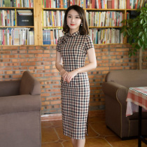 Plaid cheongsam 2021 new young improved cotton and linen dress long this years popular cheongsam skirt womens summer