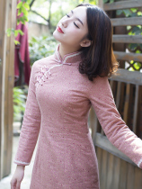 Pink Cheongsam winter thickened Tang dress New Years Eve Chinese New Year Cheongsam small coat padded small young Chinese style womens clothing