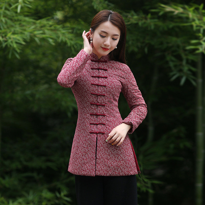Junya Tang Dress Lady Winter Cotton Padded Jacket Improved Qipao Plus Cotton Clothes China Wind Winter New young Chinese style disc buckle blouses
