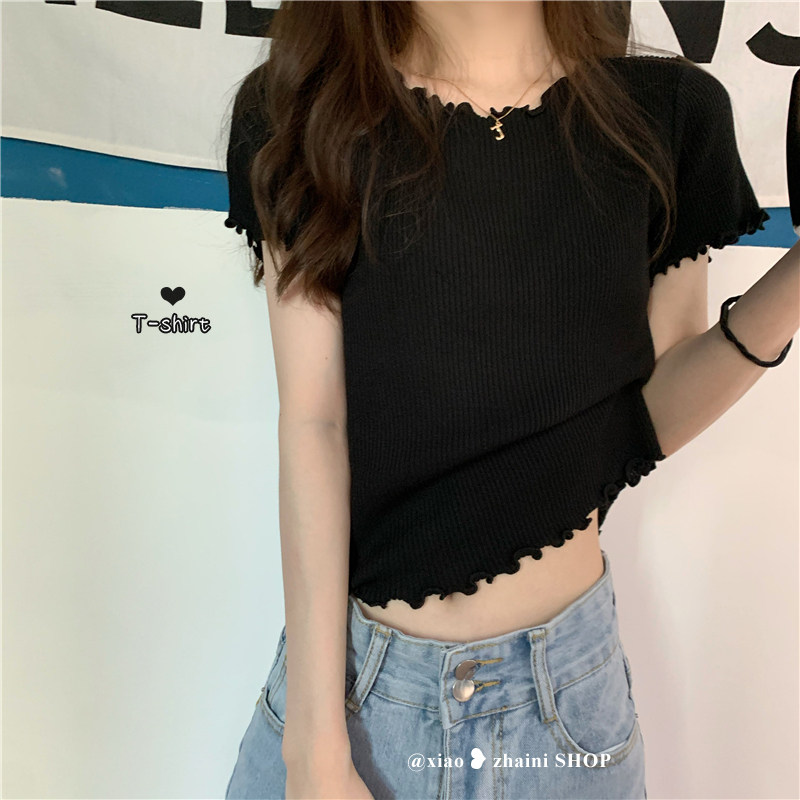 Black agaric side short sleeve knit T-shirt female summer 2022 new loose 100 hitch short round collar blouse