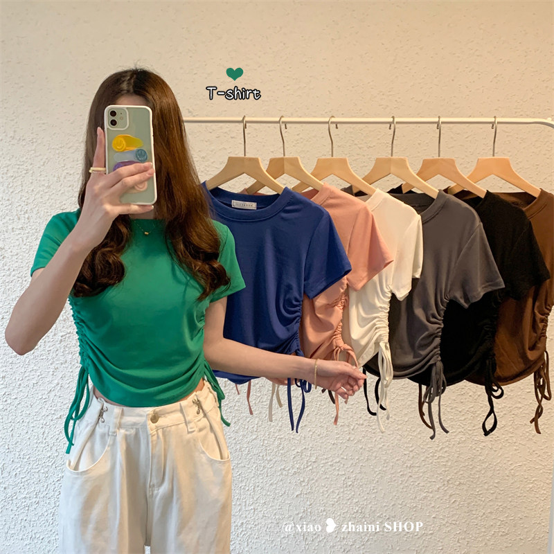 Drawing Rope Irregular Short Sleeve T-Shirt Woman 2022 New Summer Design Sensation with a small crowd of short blouses