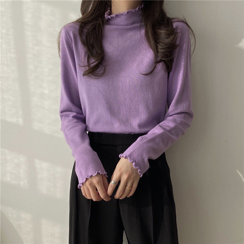 Ear-edged half-high-neck black base shirt women's spring and autumn tie Western knitwear 2021 new long-sleeved top